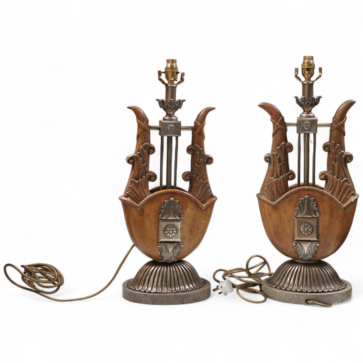 A pair of Maitland-Smith lyre shaped tablelamps